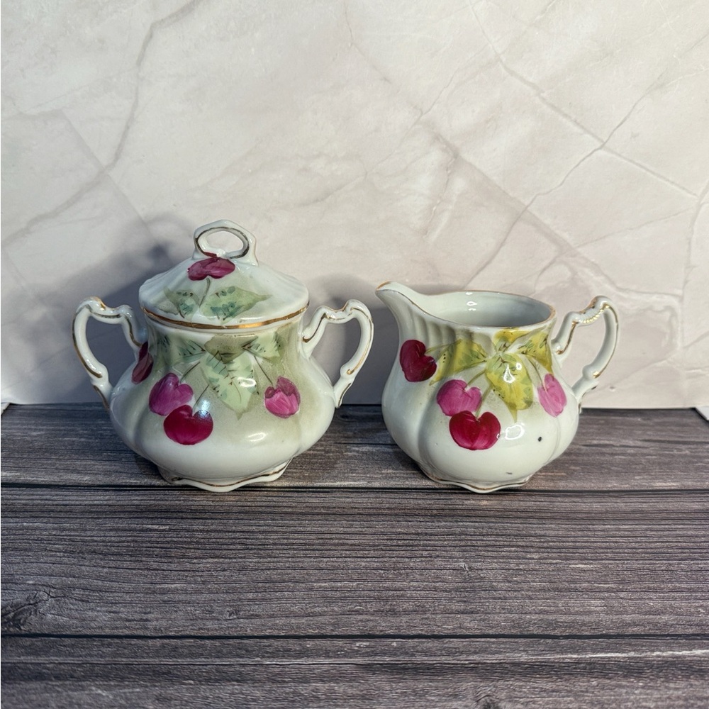 Antique Porcelain Cherry Design Sugar Bowl and Creamer Set green pink